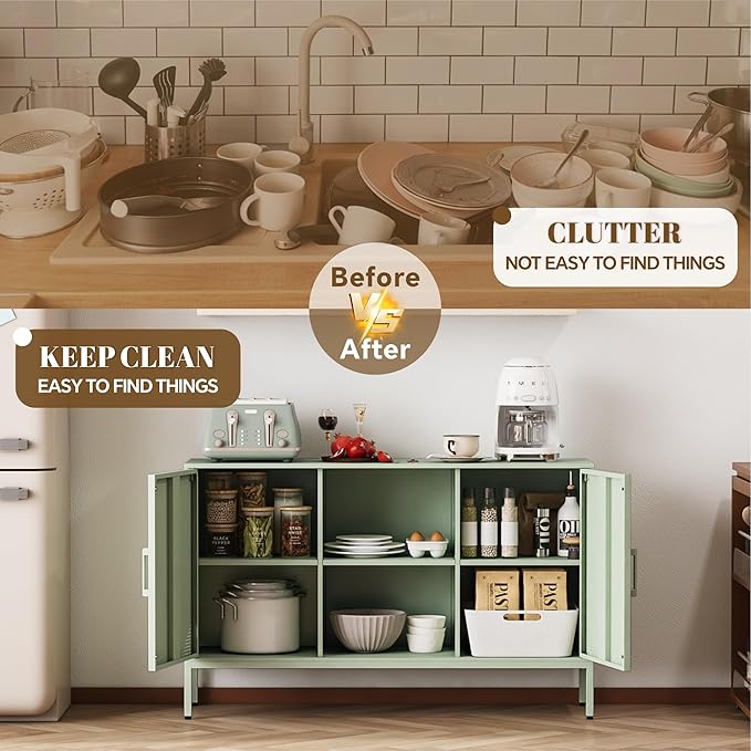 Metal Storage Cabinet,Metal Green TV Stand,Coffee Bar Buffet Cabinet Kitchen Sideboard Storage with Adjustable Shelves for Living Room Bedroom