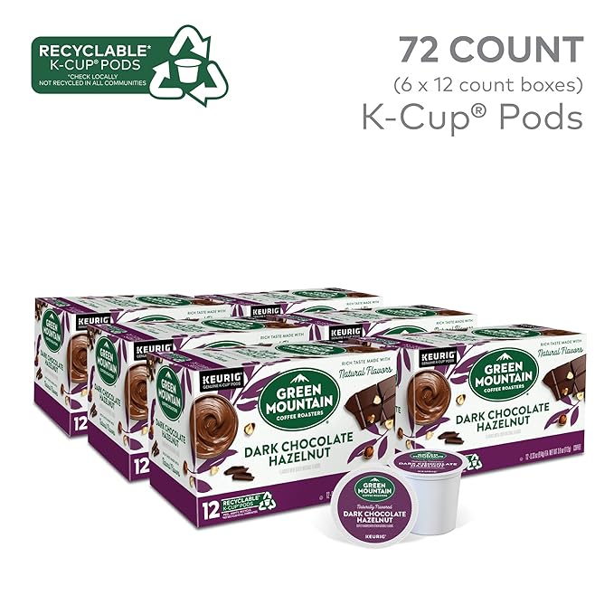 Green Mountain Coffee Roasters Dark Chocolate Hazelnut Coffee, Keurig Single Serve K-Cup Pods, 72 Count (6 Packs of 12)