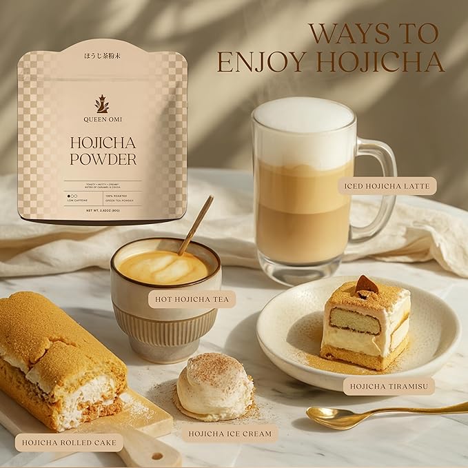 Queen Omi Organic Hojicha Powder | 80g | 100% Organic Japanese Roasted Green Tea Powder—Matcha & Coffee Alternative | Low Caffeine, Antioxidant-Rich, Smooth, Toasty, Nutty Flavor (Dark Roast)