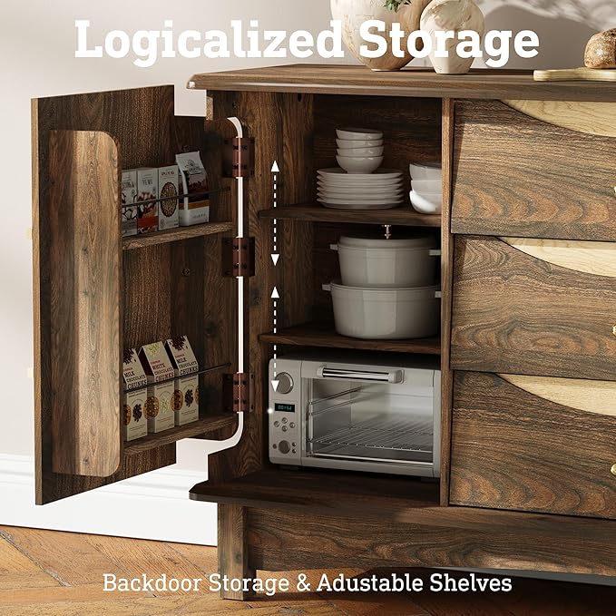 Buffet Cabinet, Large Sideboard Buffet Storage Cabinet with 3 Drawers, Coffee Bar Station with Solid Wood Handle and 2 Doors，Concealed Storage Shelves & Sliding Tray for Kitchen, Dining Room