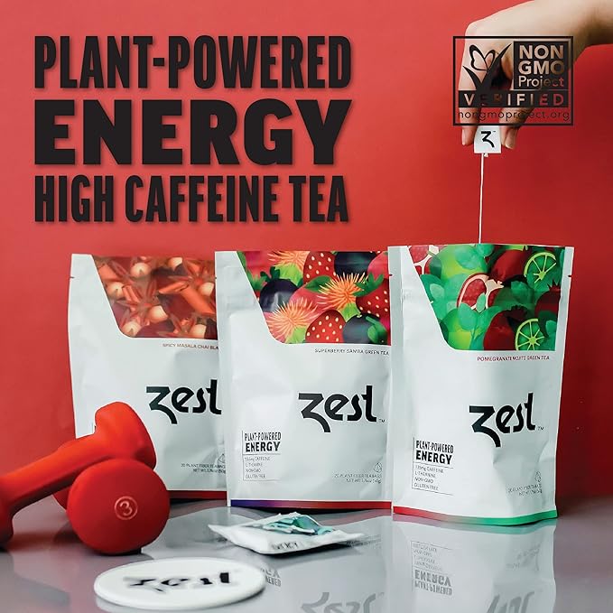 Zest Energy Tea Assortment Box – High Caffeine Tea Bags Sampler with Black & Green Tea – Caffeinated Coffee Alternative for Morning Focus – 80 Tea Bags – 135-150mg Caf per Cup – Natural, Non-GMO, Keto