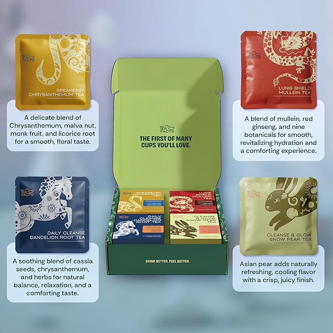 Tea Facto Herbal Tea Sampler Set Clean Circuit Collection with Chrysanthemum, Mullein, Dandelion Root & Glow Snow Pear - Fancy Tea Sampler Gift Set Box - Natural Fiber, Zero Added Sugar - 38 Count