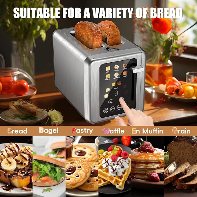 2 Slice Toaster,Touchscreen & Dual Independent Control Panel,5 Basic Functions & Digital Countdown Toasters,6 Shade Settings＆6 Bread Types,Smart Bread Maker Mute/Screen-Off,Silver