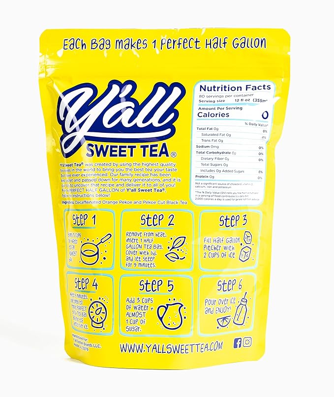 Y'all Sweet Tea - Decaf Iced Tea Bags Half Gallon Size in 7.5 Gallons Per Pack Quick Brew Authentic Southern Ice Tea Without Caffeine | As Seen on Shark Tank (Decaf)