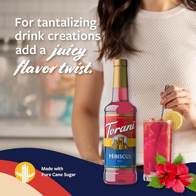 Torani Hibiscus Syrup for Drinks, Flavoring for Iced Tea, Lemonade, Sodas, and Cocktails, Pump Included, 25.4 Oz