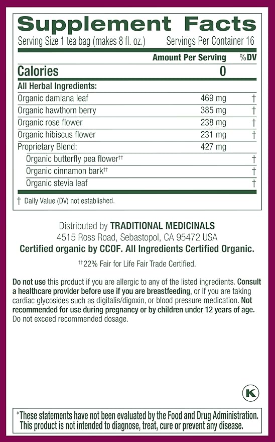 Traditional Medicinals Organic, Rosy Mood, Damiana & Butterfly Pea Flower - Uplifting Mood Support - Kosher, Non-GMO, Caffeine-Free, Compostable - 96 Tea Bags (6 Packs of 16)