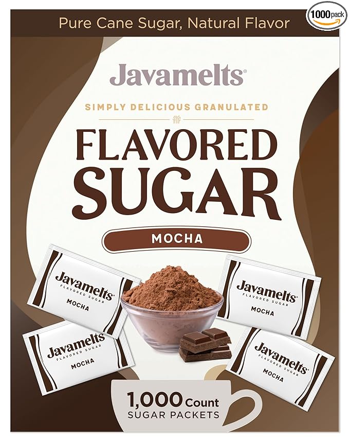 Javamelts Mocha Flavored Sugar Packets | Pure Cane Sugar for Baking, Coffee Syrup Substitute, Cocktails, Tea | Non GMO, Non Dairy, Gluten Free, Kosher | 1,000 Bulk Sugar Packets