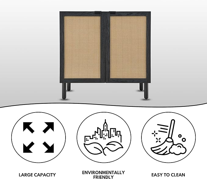 SANGO Orre 2-Door Cabinet, Modern Black Storage Cabinet with Synthetic Rattan Door Panels, Adjustable Shelf, Cylindrical Wood Legs, Discreet Finger Pulls, Elegant Furniture for Living or Dining Room