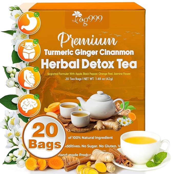 TOG999, 20 Tea Bags of Ginger, Turmeric and Cinnamon, 100% Natural, Hand-made Blend of Ginger, Turmeric, Cinnamon, Orange Peel, Black Pepper, Hawthorn Berry and Jasmine. No Sugar, No Caffeine, No Gluten, Vegan.