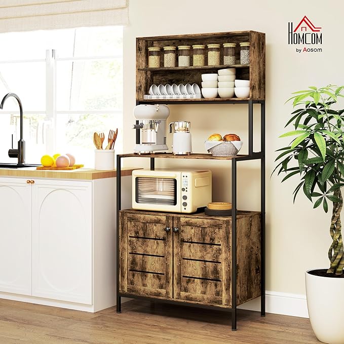HOMCOM Kitchen Bakers Rack with Power Outlet, Coffee Bar Cabinet with Storage Shelves, Microwave Stand with Louvred Door Cabinets, Rustic Brown