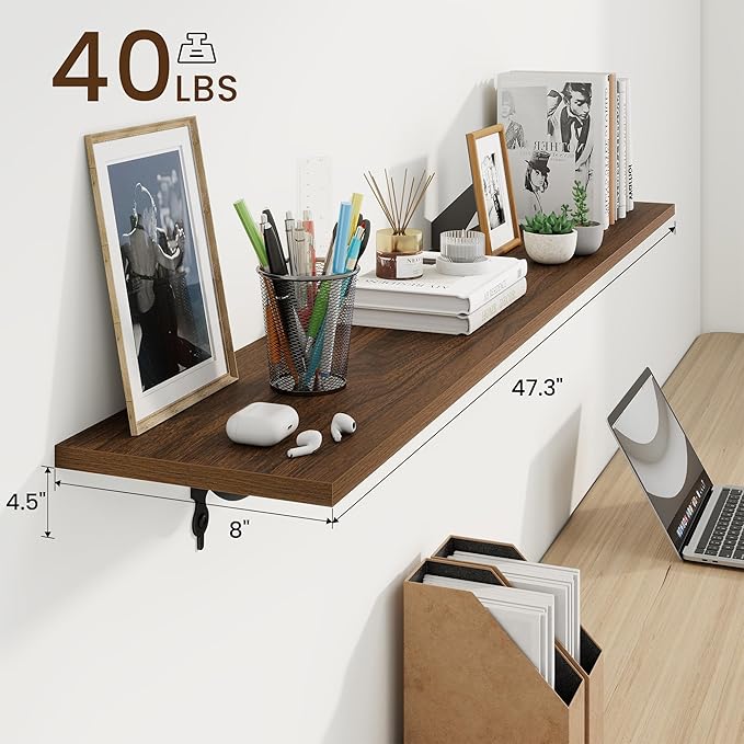 RICHFOCUS Floating Shelves for Wall Decor, 47.3W x 8D Shelves Set of 2, 8 Inch Deep Rustic Wood Shelves Wall Mounted with Brackets, Long Floating Shelves for Living Room Bedroom Kitchen, Walnut