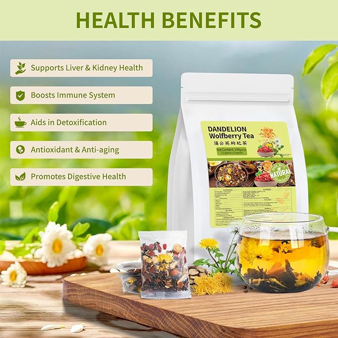 Dandelion Wolfberry Tea Bags, Natural Kidneys & Liver Health Tea with Dandelion, Chrysanthemum, Wolfberry, Cassia Seed, Licorice, Orange Peel, Gardenia, Dandelion Root Tea (1 Pack/12 Bags)
