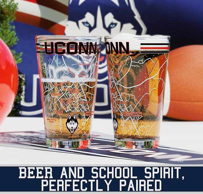Greenline Goods – University of Connecticut Huskies College Pint Beer Glasses (Set of 2), 16 oz – Full-Color Logo + Campus Map