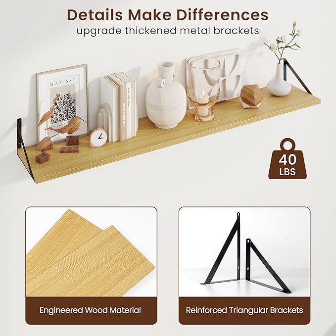 Axeman Deep Floating Shelves for Wall - 55 Inch Wide x 10 Inch Deep Oak Floating Shelves Set of 2 - Wide Wall Shelves for Living Room Bathroom Bedroom