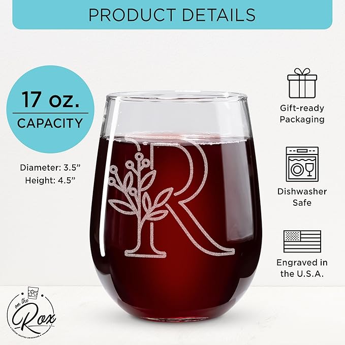 On The Rox Drinks Monogrammed Gifts For Women and Men - Letter A-Z Initial Engraved Monogram Stemless Wine Glass - 17 Oz Personalized Wine Gifts For Women and Men (R)