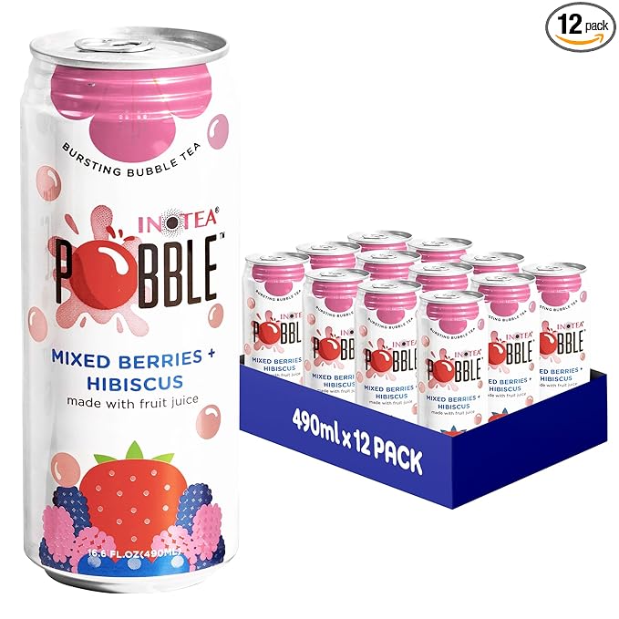 Inotea Pobble Bursting Bubble Tea - Refreshing Taiwanese Canned Boba with Popping Pearls - Ready-to-Drink Boba Tea - Enjoy Real Boba Without the Long Lines - Mixed Berries + Hibiscus - 12 pack