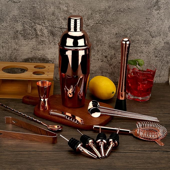 25 oz Cocktail Shaker Set 16 Pcs Mixology Bartender Kit with Stand - Professional Stainless Steel Bartending Kit - Perfect Home Bar Tool Gift Set for Drink Mixing (Rose Gold)