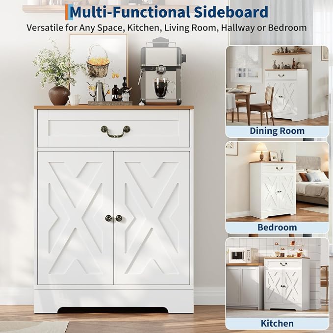 Garvee Farmhouse Coffee Bar Cabinet - Kitchen Storage Buffet Sideboard with 2 Doors, Drawer & Adjustable Shelf, White Cabinet for Kitchen, Living Room, Entryway, 150 LB Capacity