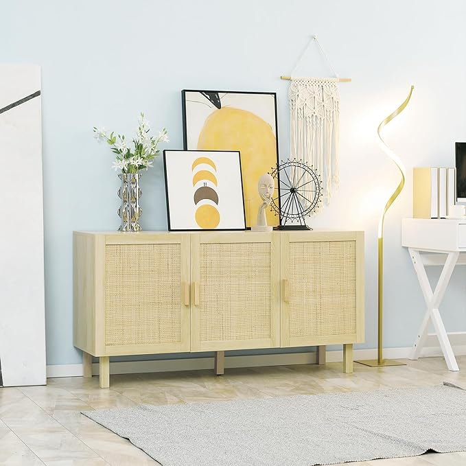 HOMCOM Boho Sideboard Buffet Cabinet, Coffee Bar Cabinet with 3 Rattan Doors and Adjustable Shelves for Kitchen, Living Room, Natural Mixed