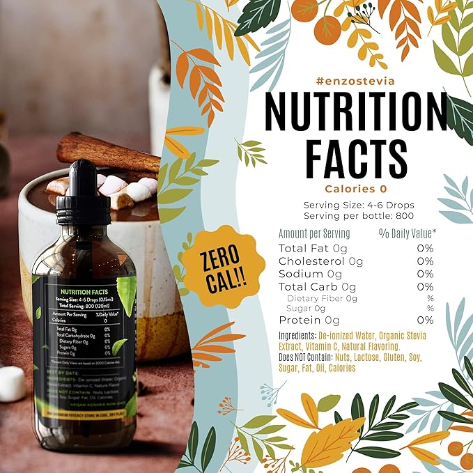 Enzo Liquid Stevia Drops Our Zero Calories Sweetener (4oz - 800 Servings/Bottle) - Nutty Hazel - All Natural flavoring with No Artificial Additives & Filler Ingredient