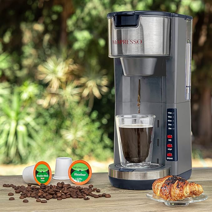 Mixpresso Gray Single Serve Coffee Brewer K-Cup Pods Compatible & Ground, 30 oz Compact Coffee Maker Single Serve With 5 Brew Sizes Up To 14 Oz, Fits Travel Mug, Adjustable Drip Tray