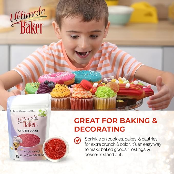 Ultimate Baker - Sanding Sugar, Red - Vibrant, Naturally Colored Baking & Decorating Sugar, Perfect for Sprinkling on Cakes, Desserts & Confections, Medium Crystal - 4oz