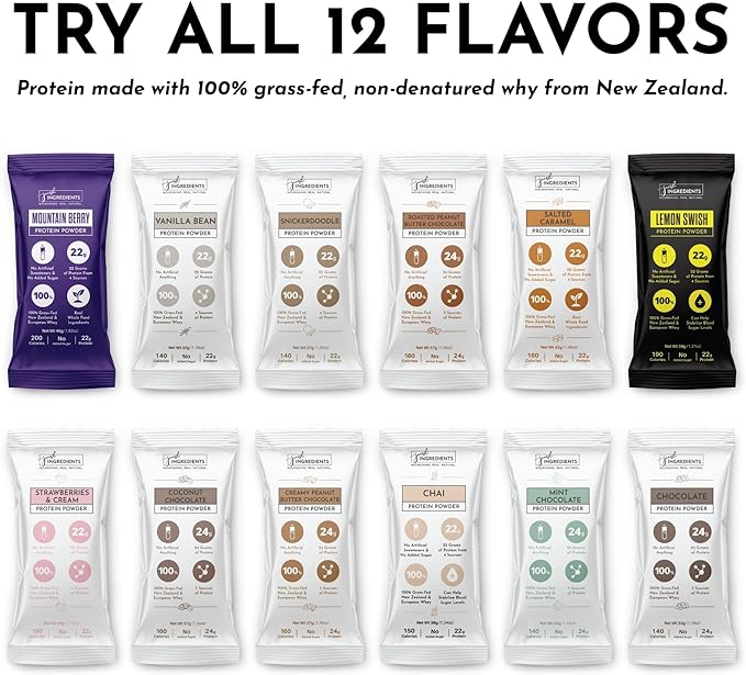 Protein Powder Made with 100% Grass Fed, Non Denatured Whey | Four Different Protein Sources from Organic Whole Food Ingredients | 12 Servings | 22g Protein (12 Servings, Sample Variety Pack)