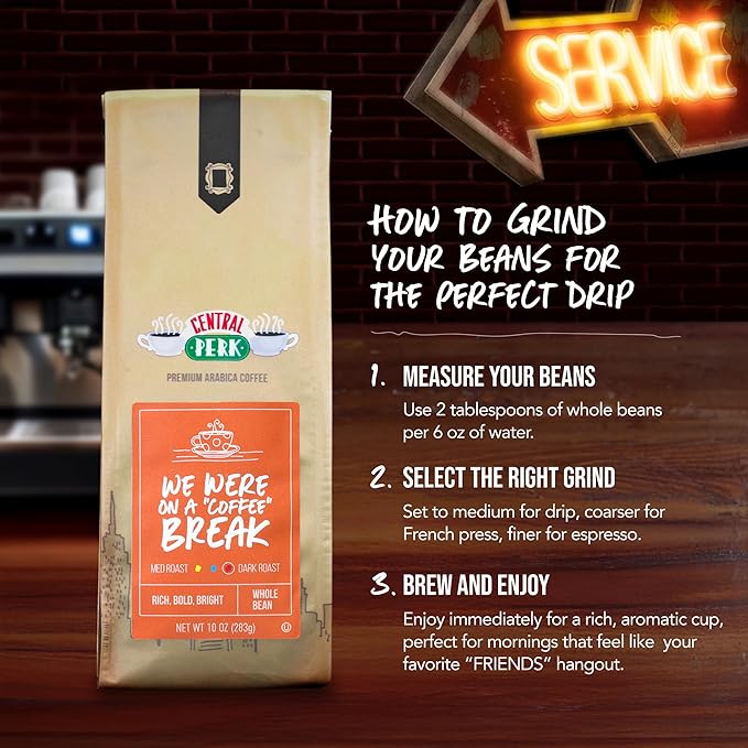 Central Perk Dark Roast Whole Bean "We Were On A Coffee Break" Blend - 100% Arabica Coffee with Nutty, Smoky, Dark Chocolate & Caramel Flavors, 10oz Bag