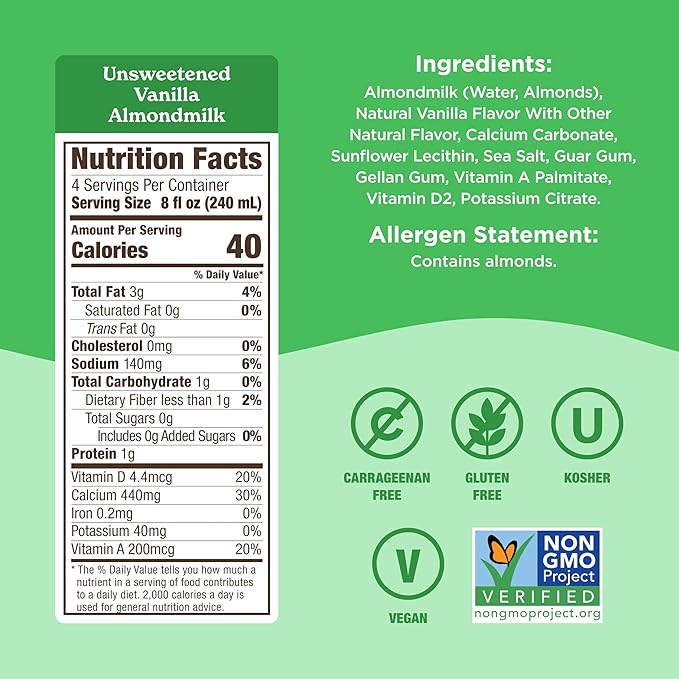 Califia Farms - Unsweetened Vanilla Almond Milk, 32 Oz (Pack of 6), Dairy Free, Vegan, Plant Based, Keto, Shelf Stable, Vegan, Gluten Free, Non GMO, Sugar Free, High Calcium, Smoothie