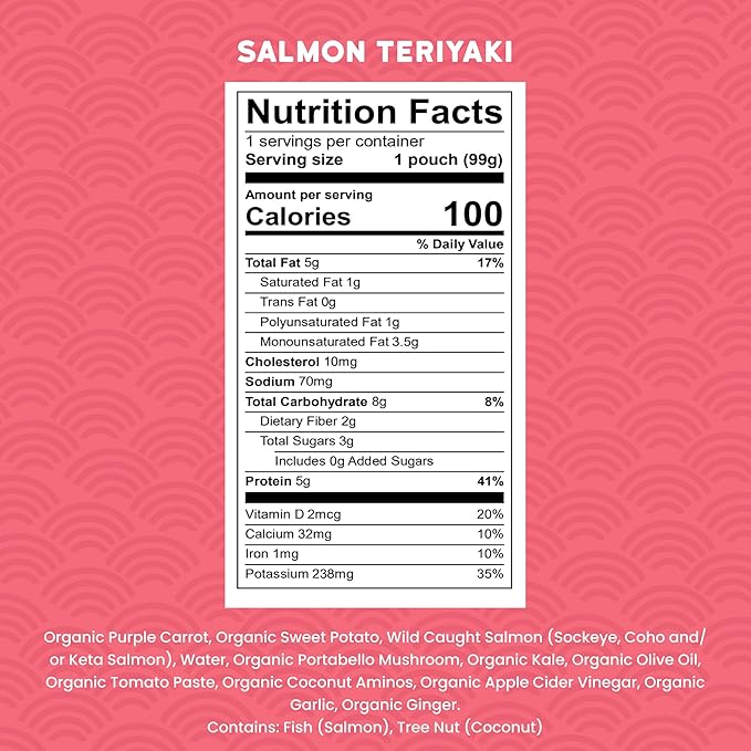 Serenity Kids + Months Baby Food Puree - Salmon Teriyaki Pouch, 3.5 oz, Pack of 6-5g Protein DV Wild-Caught Salmon Snacks - Nutrient-Packed Organic Baby Food Pouches - No Sugar Added Toddler Snack