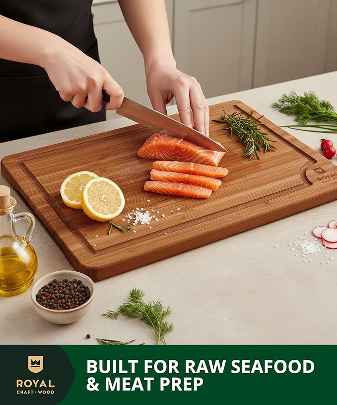 ROYAL CRAFT WOOD Bamboo Cutting Board Set – 3 Durable Wooden Cutting Boards for Kitchen Meal Prep, Charcuterie & Serving – Chopping & Butcher Block with Juice Grooves – Gift-Ready Packaging & Wood Wax