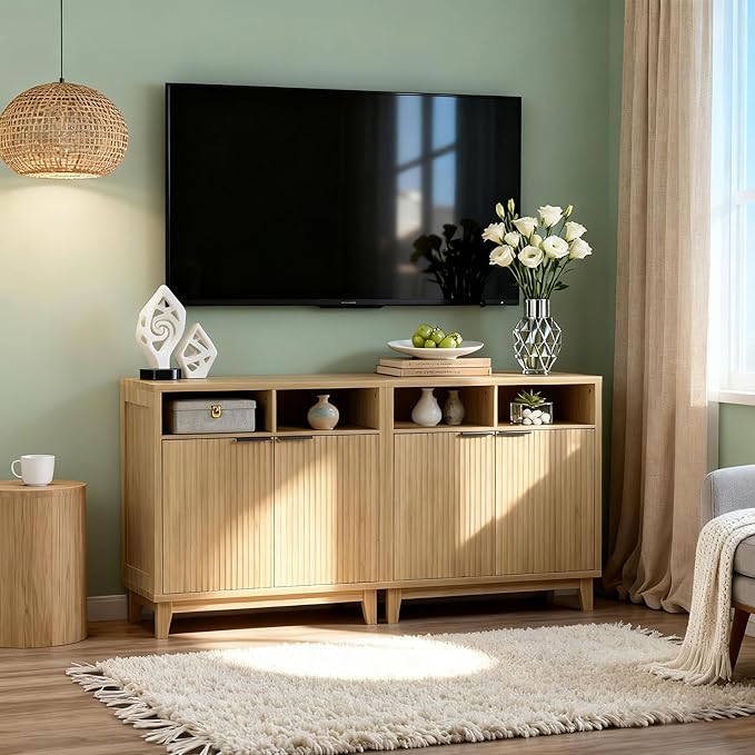 Modern Buffet Cabinet with Fluted Doors, Solid Wood Legs & Thickened Top, 31.5" Multi-Functional Storage Sideboard for Kitchen, Dining Room, Hallway (Natural Wood, 1 PCS)