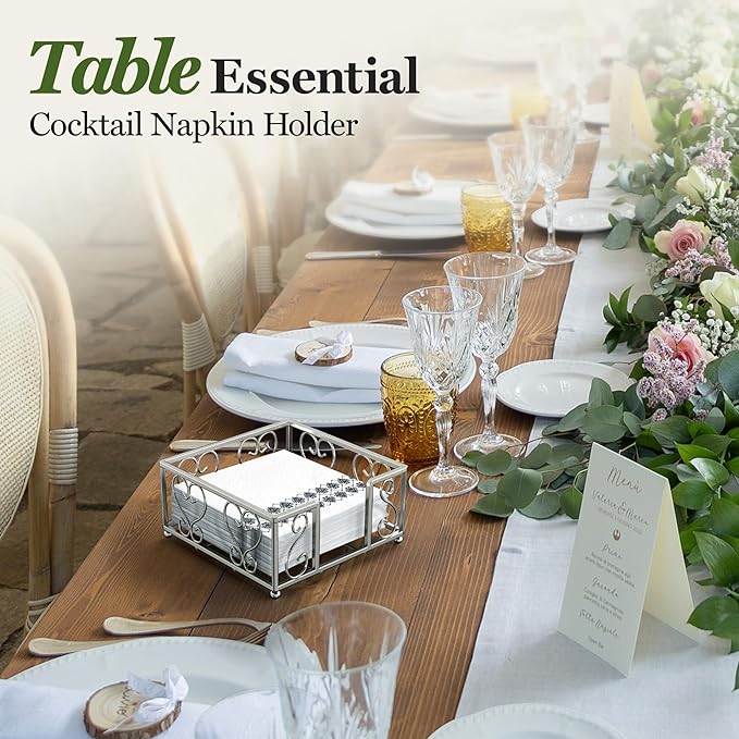 Cocktail Napkin Holder – Flat Napkin Caddy for 5x5 Paper Napkins, Weighted Beverage Napkin Holder for Table or Countertop, Sturdy Square Servilletero for Parties and Events, Home, Bar