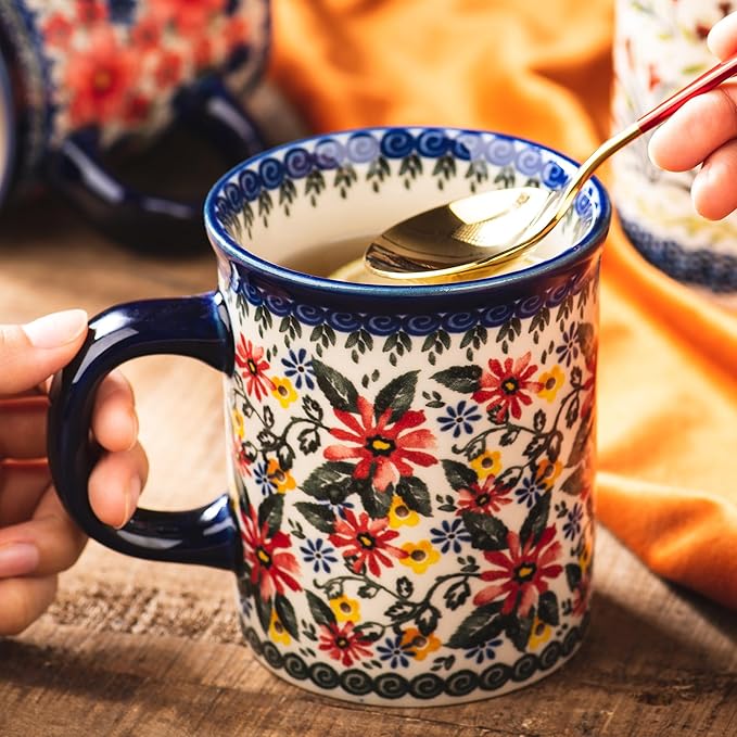 Ceramic Latte Mug Set of 4, 15.5oz Hand Painted Porcelain Coffee Cups With Handle for Tea/Milk/Cocoa - Modern Retro Design For Any Kitchen. Microwave and Dishwash Safe (Exotic Daisy)