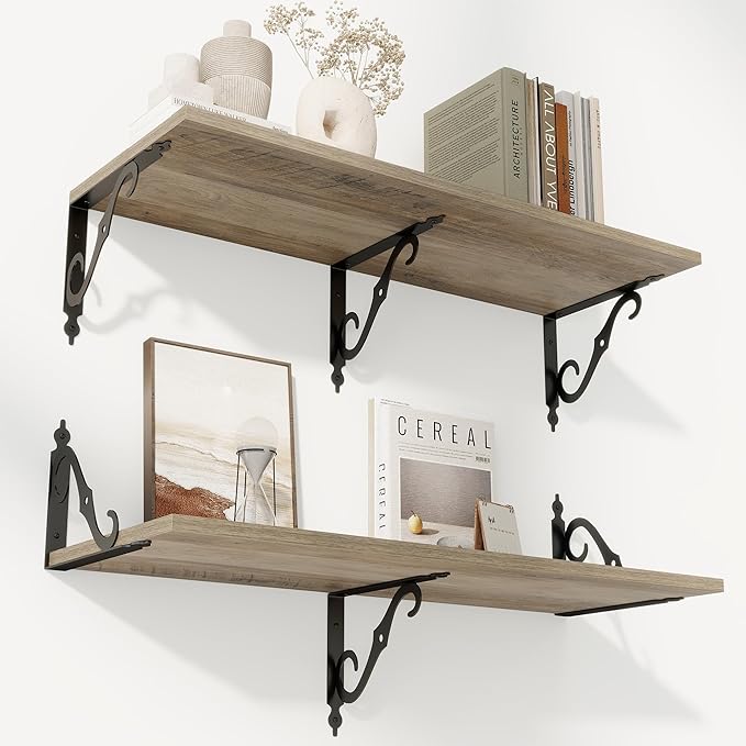 RICHFOCUS 12 Inch Deep Floating Shelves for Wall, 31.5" W x 12" D Wood Wall Shelves Set of 2, Wide Floating Shelves for Living Room, Bedroom, Kitchen, Bathroom and Decor Storage, Grey
