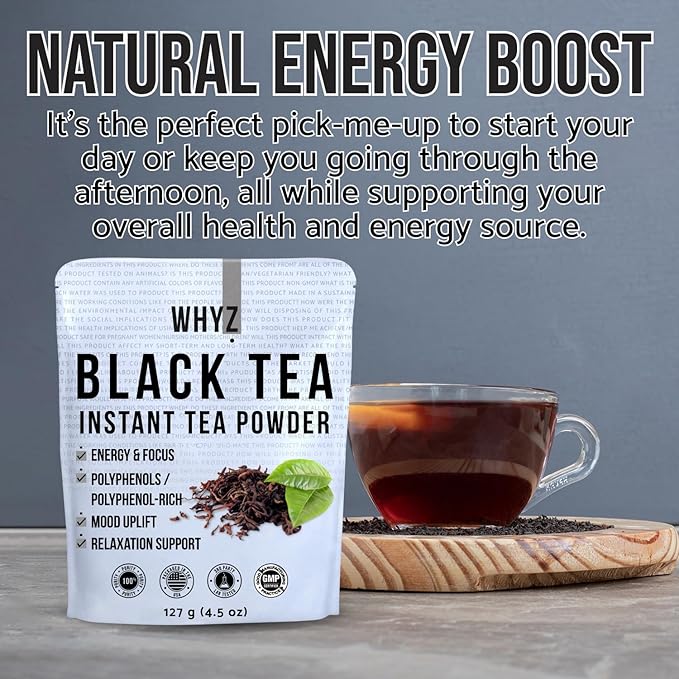 WHYZ Instant Black Tea Powder, 4.5 oz, Unsweetened Iced Tea Concentrate from Real Black Tea Leaves, Instant Powder for Hot & Cold Drinks, Powdered & Unsweet Tea 127 Servings