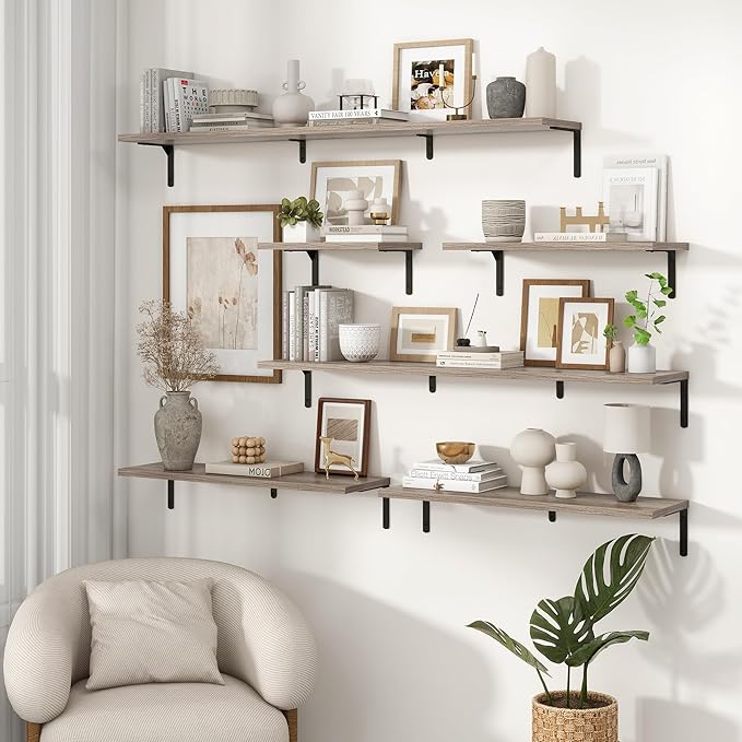 Fun Memories Deep Floating Shelves, 36W x 8D Floating Shelves Set of 2, Wall Mounted Shelf with Metal Brackets, Rustic Wood Wall Shelf for Bathroom, Kitchen and Living Room, Grey