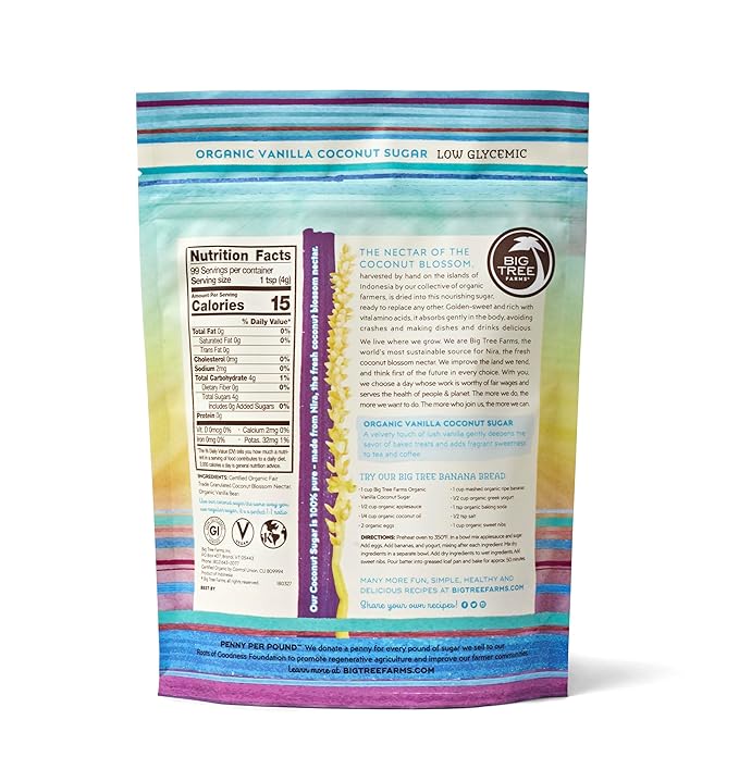 Big Tree Farms Organic Vanilla Coconut Sugar - Coconut Palm Sugar, Unrefined, Fine Crystals, Cane Sugar Replacement, Coconut Blossom Nectar, Vegan, Perfect for Baking - 14 Oz (Pack of 3)
