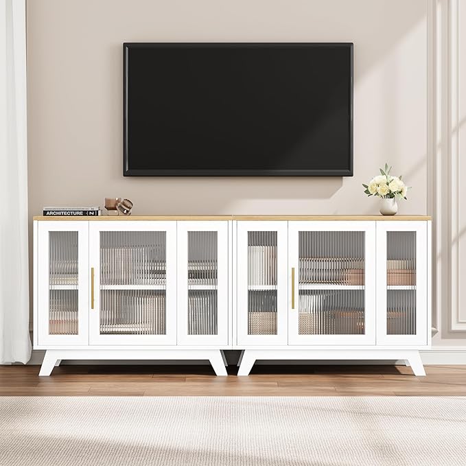 GarveeHome 36 Inch Coffee Bar Buffet Cabinet with Fluted Glass Doors and Gold Handles, Modern Sideboard Storage with Adjustable Shelves, for Kitchen Dining Room Living Room Entryway