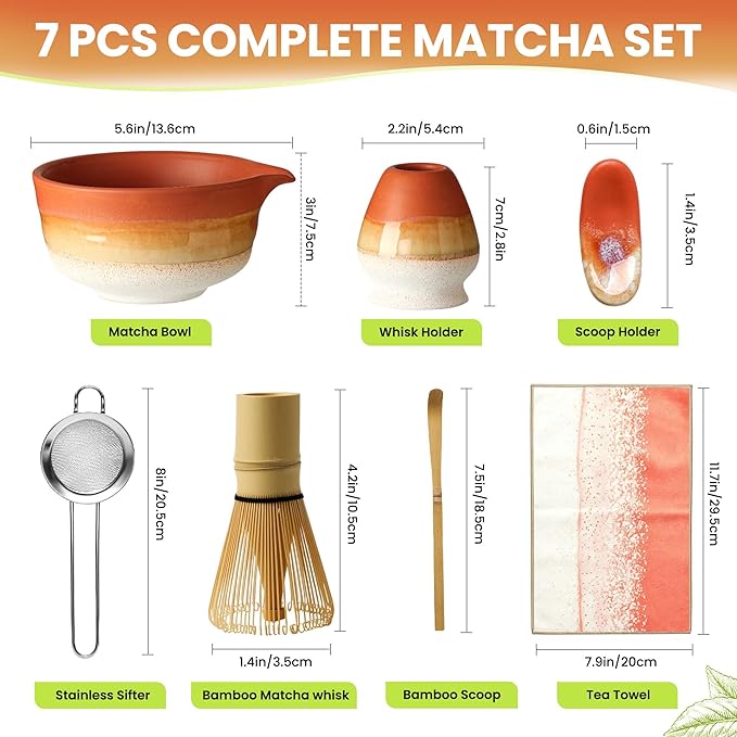 Matcha Whisk Set, Ceramic Matcha Kit Desert Style, Matcha Whisk and Bowl, Bamboo Scoop and Rest, Sifter and Tea Towel, 7 Pcs Gifts for Matcha Lover - Matte Soil