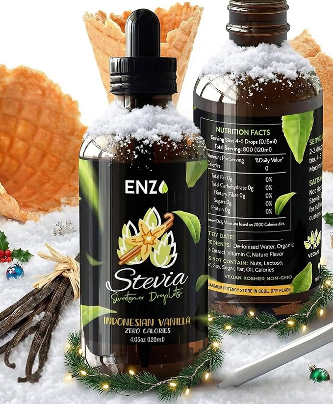Enzo Liquid Stevia Drops Our Zero Calories Sweetener (4oz - 800 Servings/Bottle) - Vanilla - All Natural flavoring with No Artificial Additives & Filler Ingredient