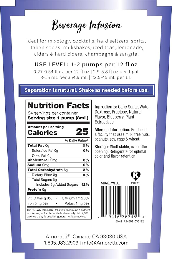 Amoretti - Blueberry Beverage Infusion Drink Mix & Water Enhancer with Pump for Flavoring Cocktails, Waters, Teas, and other Beverages, 94 Servings Per Bottle (750 ml), Preservative Free