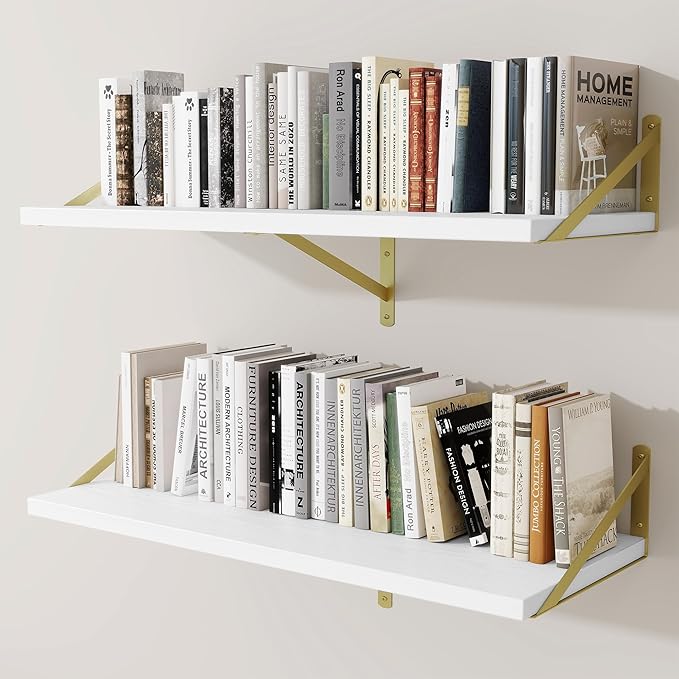 Deep Wall Shelves 36"W x 12"D Engineered Wood Floating Shelves for Wall, Sturdy Metal Bracket(Gold) Bookshelves Home Decor Storage for Living Room Bedroom Bathroom Kitchen, Set of 2, White Finish