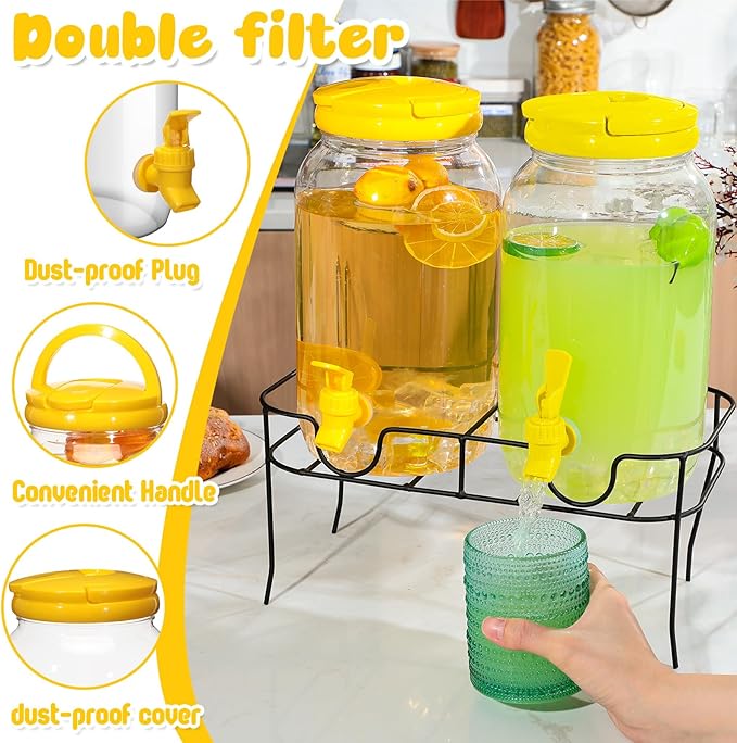 Havawish 2 Pcs 1 Gallon Plastic Beverage Dispenser with Spigot Clear Summer Kitchen Fridge Drink Dispenser for Parties Lemonade Juice Tea Beer Cold Water(Yellow,Cylinder)