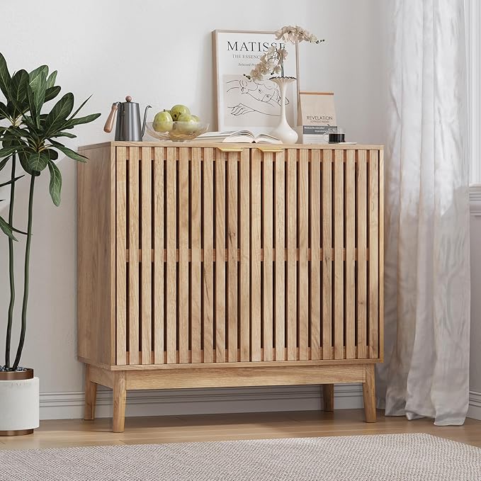 Sideboard Buffet Cabinet with Storage, Freestanding Kitchen Storage Cabinet with 2 Slatted Doors and Adjustable Shelves, Wooden Cupboard for Kitchen, Entryway (Slatted Door Natural)