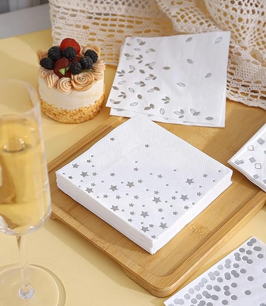 100 Silver Napkins - 4 Assorted Designs l 3-Ply Cocktail Napkins Paper Folded 5 x 5 Inches l Bar Napkins Disposable Party Napkin for Wedding Baby Shower Birthday (Assorted Pink)