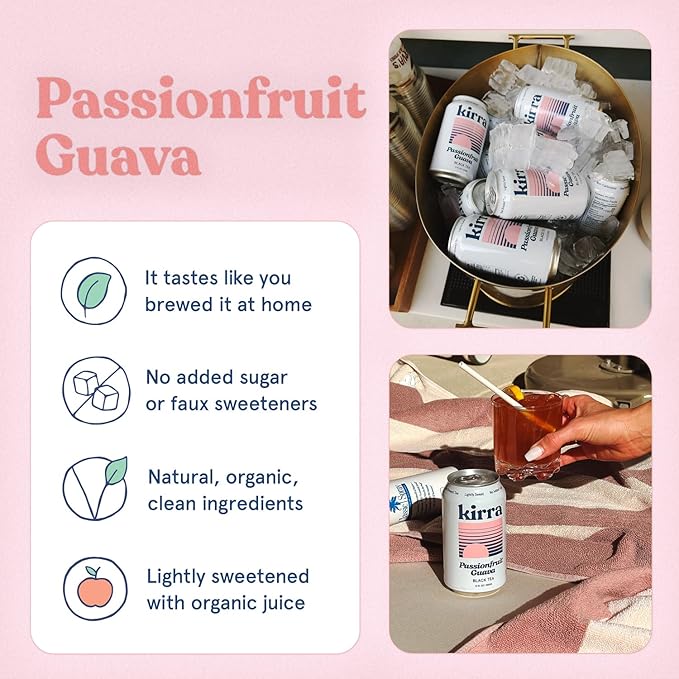 Kirra Organic Iced Tea 12 Pack - Passion Fruit Guava Black Teas - Lightly Sweetened with Organic Juice - No Added Sugar or Artificial Sweeteners - Passion Fruit + Guava Flavor