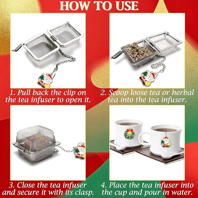 Christmas Tea Ball Set, Stainless Steel Mesh Tea Infuser, Reusable Strainers for Loose Leaf Tea, 2 PCS Tea Steeper with Xmas Wreath and Santa Claus Pendant