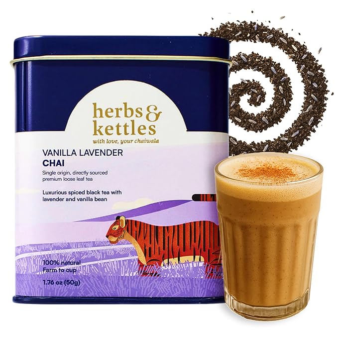 Herbs & Kettles Vanilla Lavender Chai | Assam Black Tea with Real Vanilla Bean, Lavender Flowers, Cardamom, Cinnamon & Ginger | Floral Loose Leaf Blend | Makes 10-14 Servings | Premium Tea Gift