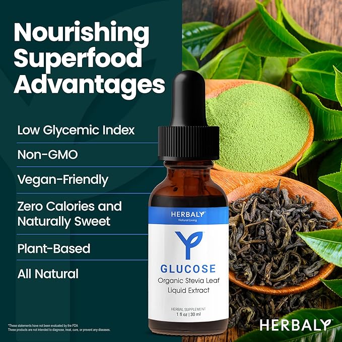 Herbaly Glucose Organic Stevia Leaf Sweetener - Antioxidant Rich Blend - Balanced Systems & Energy- Natural Wellness - Delicious Daily Sweetness For Tea, Coffee, & More - Vegan Formula - 1 fl oz